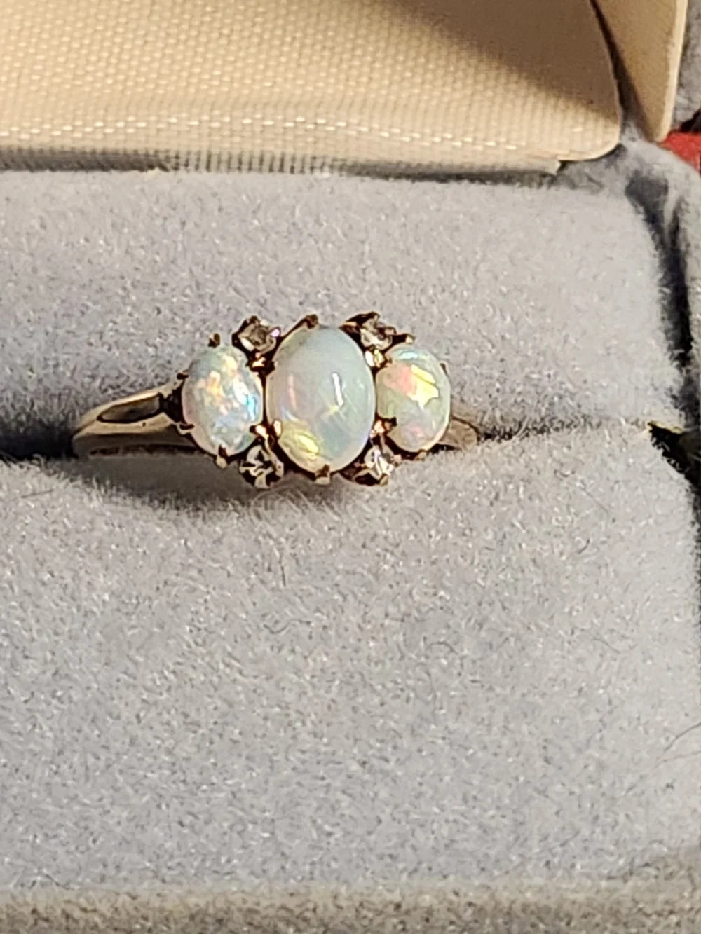 Vintage Opal Three-Stone Ring in White Opal and 14 K Gold